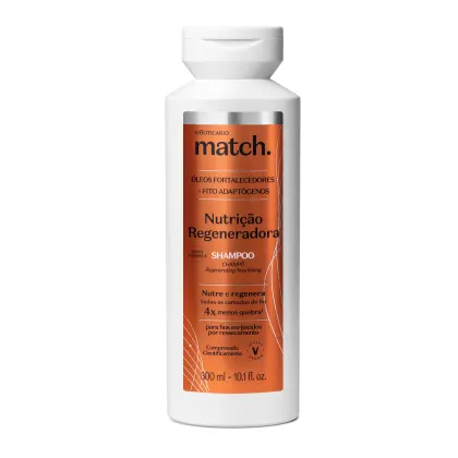 Shampoo da marca Match, com rótulo laranja destacando os ingredientes "óleos fortalecedores" e "fito adaptógenos". Produto de nutrição regeneradora para cabelos, com informações sobre sua fórmula e benefícios.