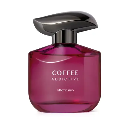 Frasco de perfume de cor rosa vibrante com rótulo "Coffee Addictive" da marca Obolicario. O frasco possui um design elegante e moderno, com tampa preta que contrasta com o tom intenso do líquido.