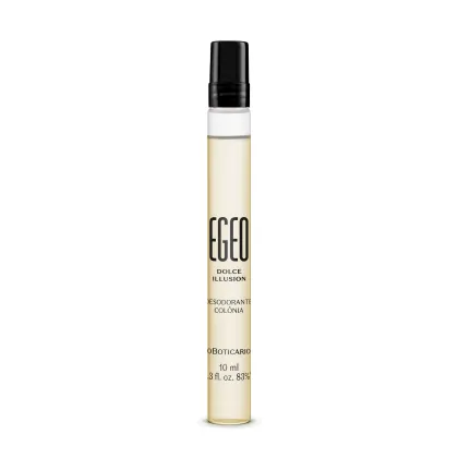 Imagem de um frasco cilíndrico de 10ml contendo desodorante colônia Egeo Dolce Illusion. A embalagem é transparente com líquido claro, e traz tampa e rótulo pretos.