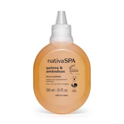 Frasco de 150 ml de óleo corporal hidratante e desodorante da linha Quinoa & Amêndoas da Nativa SPA, com rótulo em tons de laranja e branco.