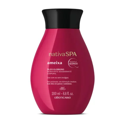Frasco rosa com tampa preta da linha Nativa SPA, contendo "Óleo Glorioso Hidratante Desodorante Corporal" com óleo de quinoa, com informações sobre o produto em português.