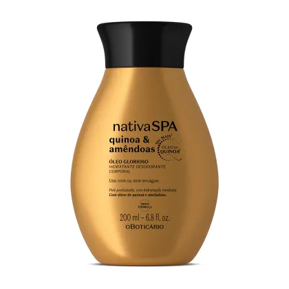 Frasco de óleo corporal hidratante desodorante da linha Nativa SPA, com fórmula à base de quinoa e amêndoas. Embalagem dourada com tampa preta, apresentando informações sobre o produto em português.