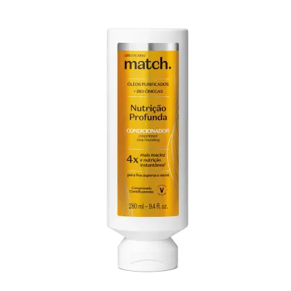 Frasco branco de condicionador da marca Match, com rótulo amarelo destacando os ingredientes "óleos purificados + bio-omegas" e a promessa de "nutrição profunda" para cabelos ásperos e secos.