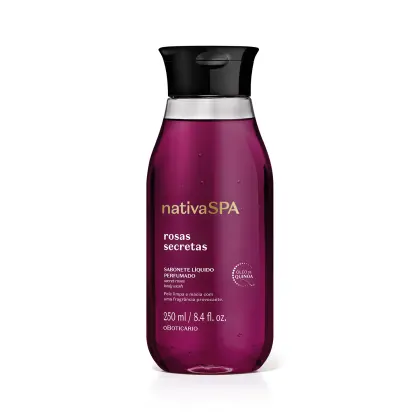A imagem mostra um frasco de sabonete líquido perfumado Nativa SPA Rosas Secretas, na cor roxa, com tampa preta e rótulo dourado branco. O produto possui 250ml.