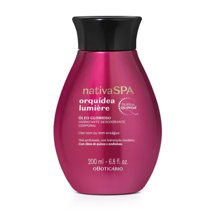 Frasco rosa vibrante de óleo corporal hidratante da linha Nativa SPA Orquídea Lumière, com 200 ml de volume e rótulo destacando ingredientes como óleo de quinoa.