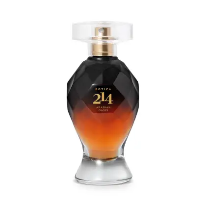 Frasco de vidro de item de perfumaria da marca Botica 214 Arabian Oasis com formato geométrico nas cores em preto e marrom, borrifador dourado e tampa acrílica transparente.