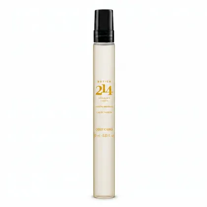 Frasco de perfume Botica 214 Arabian Oasis, com embalagem preta e branca. Rótulo com o nome da fragrância e da marca. Produto apresentado em formato de spray, com 10 ml de volume.
