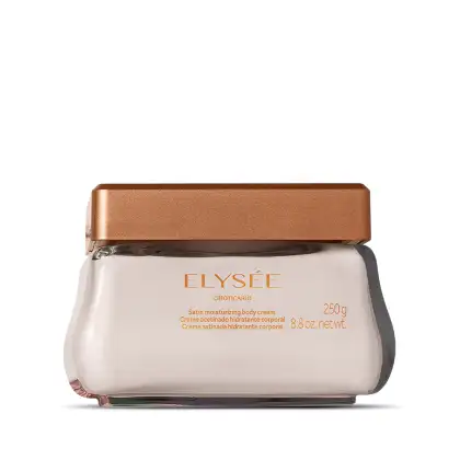 Creme corporal hidratante Elysée em embalagem de 250g, com tampa dourada e rótulo branco com texto em laranja. Produto da linha Elysée Botticario para hidratação da pele.