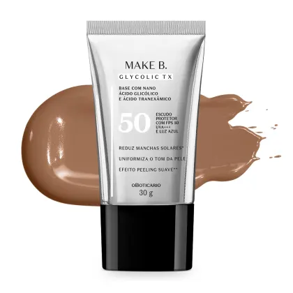 Imagem do tubo de Base Líquida Make B. Glycolic TX  Cor 220 sobre superfície branca, com uma quantidade do produto embaixo da embalagem, apresentando a sua real tonalidade.