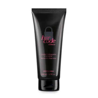 Imagem do frasco preto de loção hidratante corporal da marca Her Code Climax, com rótulo em rosa metalizado destacando o nome da marca e o produto.
