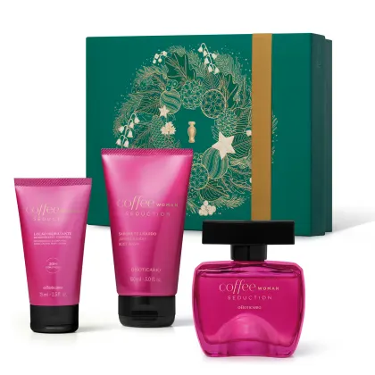Imagem do Kit Presente Natal Coffee Woman Seduction com um frasco rosa e tampa preta de desodorante colônia, duas bisnagas pinks com tampa preta de sabonete líquido e loção hidratante corpora e uma caixa verde presenteável com ilustração natalina
