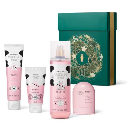 Kit natalino com 4 produtos da marca Cuide-se bem Deleite, incluindo bisnaga de creme hidratante, frasco body spray, creme para mãos e uma bisnaga de sabonete líquido. Acompanha caixa de presente verde com fita dourada e ilustrações douradas.