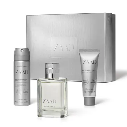Imagem de um kit com produtos da marca Zaad, sendo uma caixa presenteável, vidro de item de desodorante colônia, desodorante antitranspirante aerossol e balm pós barba. As embalagens têm predominância na cor prata e cinza.