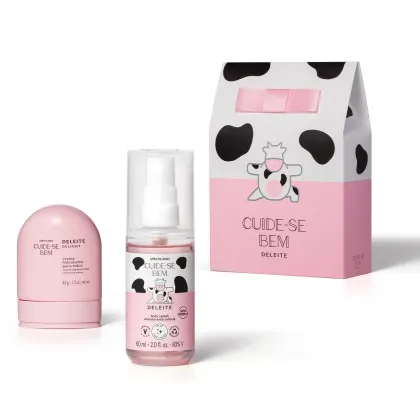 Creme hidratante e desodorante corporal em embalagens rosa e branca com estampa de bolinhas pretas e ilustração de personagem. Produto da linha Cuide-se Bem da marca Deleite.