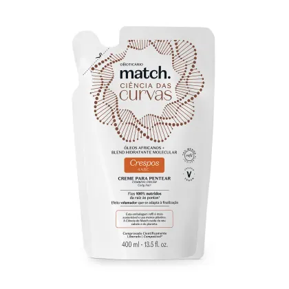 Imagem de embalagem refil branca de creme para pentear da marca Match, com design de círculos e linhas em marrom, informando "Ciência das Curvas" e "Crespos 4ABC" no rótulo.