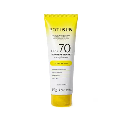 Protetor solar corporal Boti.Sun com FPS 70. Embalagem em tubo plástico amarelo e branco. Textura gel creme. Contém 120g. Rótulo com informações sobre proteção solar muito alta, tecnologia Sonnenstrahl com proteção UVB, UVA e antioxidante.