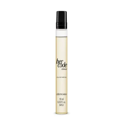 Frasco de perfume Her Code Climax, com 10 ml de conteúdo, embalagem preta e branca, com rótulo destacando o nome da marca e a descrição "Eau de Parfum".
