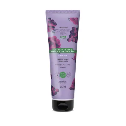 Imagem de um frasco de shampoo da marca Cuide-se Bem Feira Cachos de Uva, com embalagem roxa com ilustrações de cachos de uva roxas e tampa preta. A embalagem traz 270ml do produto.