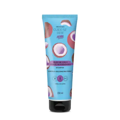 Imagem de um frasco de shampoo da marca Cuide-se bem Feira Óleo de Coco, com embalagem azul claro e ilustrações de pedaços de coco. A embalagem possui tampa preta e traz 230ml do produto.