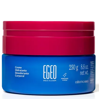 Imagem de recipiente azul com tampa rosa contendo 250g de creme hidratante desodorante corporal da marca Egeo Dolce Illusion. O rótulo apresenta o nome da marca e informações sobre o produto.
