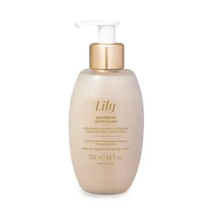 Imagem de frasco de shampoo da marca Lily com embalagem em tons de bege e dourado, com bomba doseadora branca e texto em português informando tratar-se de um shampoo hidratante com óleo de argan e extrato de lírios.