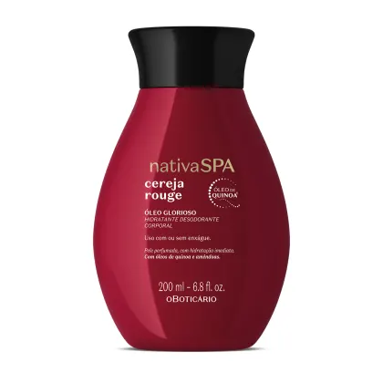 Frasco vermelho da linha Nativa SPA, contendo 200 ml de "Óleo Glorioso Hidratante Desodorante Corporal" com óleo de quinoa, com rótulo em preto e dourado.
