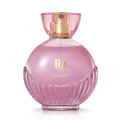 Frasco de vidro de item de perfumaria rosa com logo Liz D'Essence e borrifador dourados, e frasco redondo, sendo metade liso e metade com textura de concha. Tampa em acrílico rosa transparente.