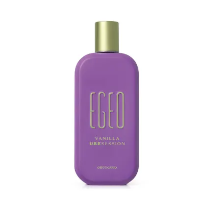 Frasco de perfume Egeo com design moderno e minimalista, em tom de roxo predominante, com rótulo destacando o nome "Vanilla Ubession" e a marca "Egeo" em letras douradas.