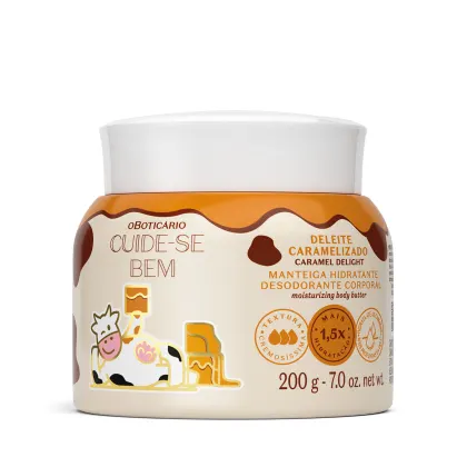 Manteiga corporal hidratante com aroma de caramelo em embalagem plástica branca e laranja, com rótulo ilustrado com desenhos e texto em português "Cuide-se bem".