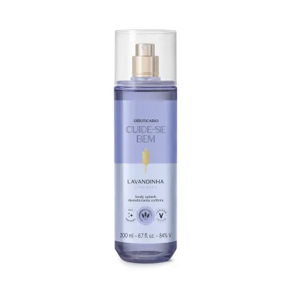 Frasco de spray de corpo Cuide-se Bem com rótulo em tons de roxo e branco, contendo a fragrância "Lavandinha". Embalagem de 200 ml com design moderno e minimalista.