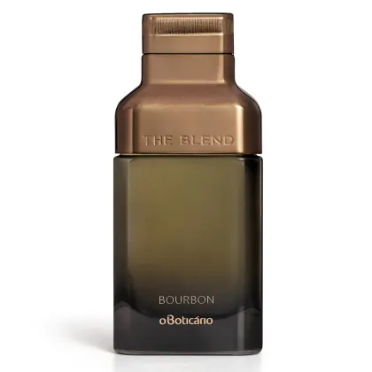 Imagem de um vidro de Eau de Parfum da marca The Blend Bourbon, em moderno formato retangular, na cor marrom e com tampa metalizada na mesma tonalidade. Sugere ser uma fragrância para pessoas de atitude.