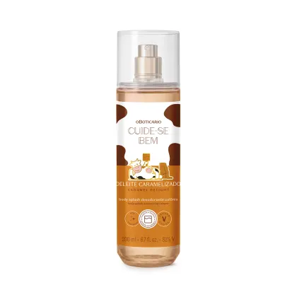 Spray com rótulo "Cuide-se Bem" e imagem de desenho animado. Embalagem transparente com válvula dourada. Produto com aroma de caramelo, conforme indicado no rótulo "Deleite Caramelizado".