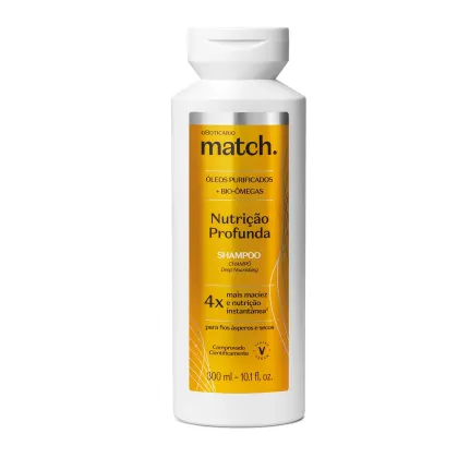 Imagem de um frasco branco de shampoo da marca Match, com rótulo amarelo destacando a linha "Nutrição Profunda" e informações sobre óleos purificados e bio-ômegas em letras pretas.