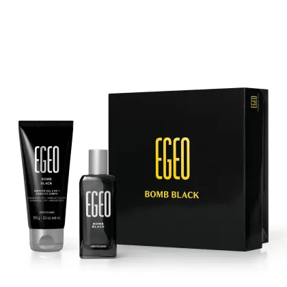 Conjunto de produtos da marca Egeo, composto por um frasco de perfume e um tubo de gel de banho, ambos na cor preta com detalhes em amarelo, embalados em uma caixa preta com o nome da marca destacado.