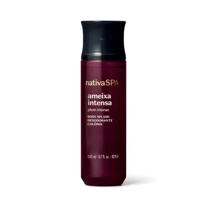 Frasco de desodorante colônia da linha Ameixa Intensa da Nativa SPA, com embalagem de cor vinho escuro e detalhes em preto, contendo 200 ml do produto.