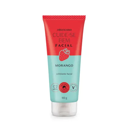 Tubo de esfoliante facial da marca Cuide-se Bem, com embalagem vermelha e azul, contendo 100g do produto de morango. O rótulo destaca o nome do produto e a indicação de ser vegano e livre de crueldade animal.