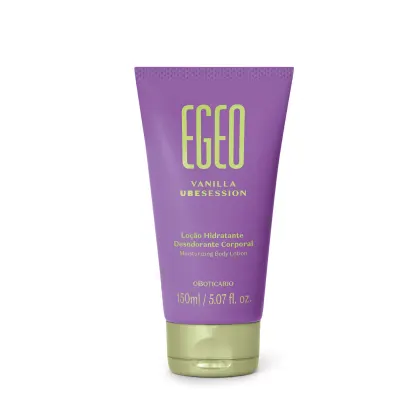 Frasco de loção hidratante corporal da marca Egeo, com embalagem roxa e verde, rotulado como "Vanilla Ubession" e contendo 150ml do produto.