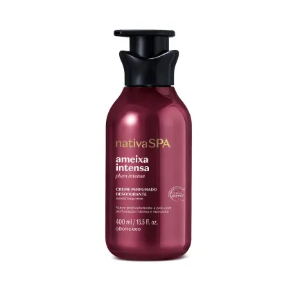 Frasco de creme perfumado desodorante da linha Ameixa Intensa da Nativa SPA, com embalagem de cor vinho e rótulo em dourado, contendo 400 ml do produto.