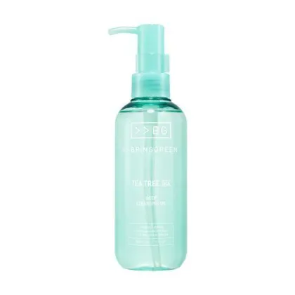 Frasco do Bringgreen Tea Tree Cica Deep Cleansing Oil com embalagem verde-água e bomba dosadora, apresentando rótulo com nome do produto e informações.