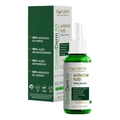 Frasco de 30ml de Fluido Antiacne da Biomarine, com embalagem verde e branca. O rótulo destaca as propriedades do produto, como redução de poros, ação antioleolosidade e antimarcas.