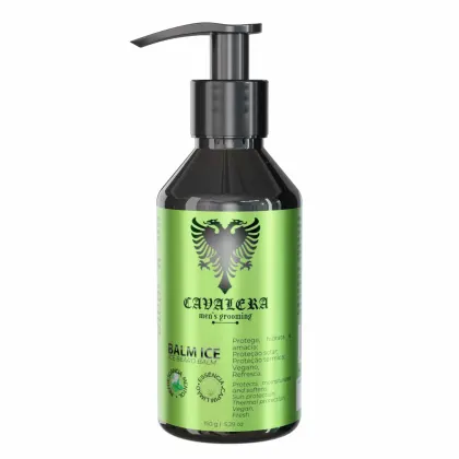 Frasco de bálsamo para barba da marca Cavalera, com design em tons de verde e preto, contendo 150g do produto. O rótulo apresenta o nome da marca e a descrição "Balm Ice - Bálsamo para barba".