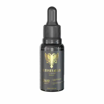 Frasco de óleo para barba da marca Cavalera, com rótulo preto e dourado, apresentando um design elegante e sofisticado. O produto é apresentado em um recipiente de vidro com conta-gotas, indicando tratar-se de um óleo de barba premium.