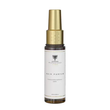 Frasco dourado de perfume para cabelos da marca Cavalera Professional, com rótulo branco e texto em inglês "Hair Parfum". O produto promete perfumar e realçar o brilho dos cabelos.