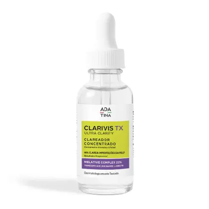 Frasco de vidro transparente com conta-gotas branco contendo produto da linha Clarivis TX da Ada Tina, com rótulo indicando "Ultra Clarity" e "Melative Complex 22%".