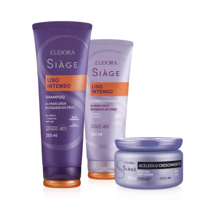 Imagem do produto Combo Eudora Siàge: Shampoo Liso Intenso 250ml + Máscara Acelera o Crescimento 250g + Condicionador Liso Intenso 200ml
