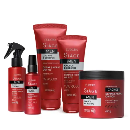 Conjunto de produtos capilares da marca Eudora Siage Men, incluindo shampoo, condicionador, óleo capilar e creme de pentear. Embalagens em vermelho com detalhes em preto, apresentando o nome da linha "Cachos e Crespos"
