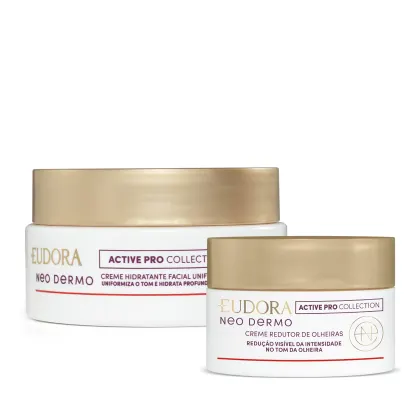 Dois potes de creme facial da linha Neo Dermo da marca Eudora. Um pote branco com tampa dourada contém "Creme Hidratante Facial Uniformizador" da coleção Active Pro Collection. O outro pote branco com tampa dourada é um "Creme Redutor de Olheiras"