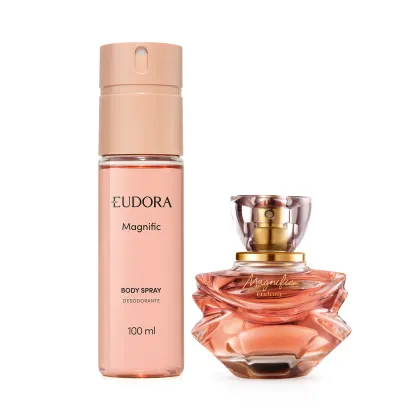 Eau de Parfum 75ml com frasco em formato de flor + Body Spray 100ml com frasco cilíndrico.