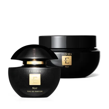 Conjunto de perfume Eudora Noir, composto por frasco de perfume e creme hidratante corporal em embalagem preta com detalhes dourados, exibindo o logotipo da marca.