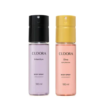 Dois frascos de desodorante em spray da marca Eudora, um na cor lilás com o nome "Intention" e outro na cor salmão com o nome "Diva Esplêndida", ambos com 100 ml de volume.